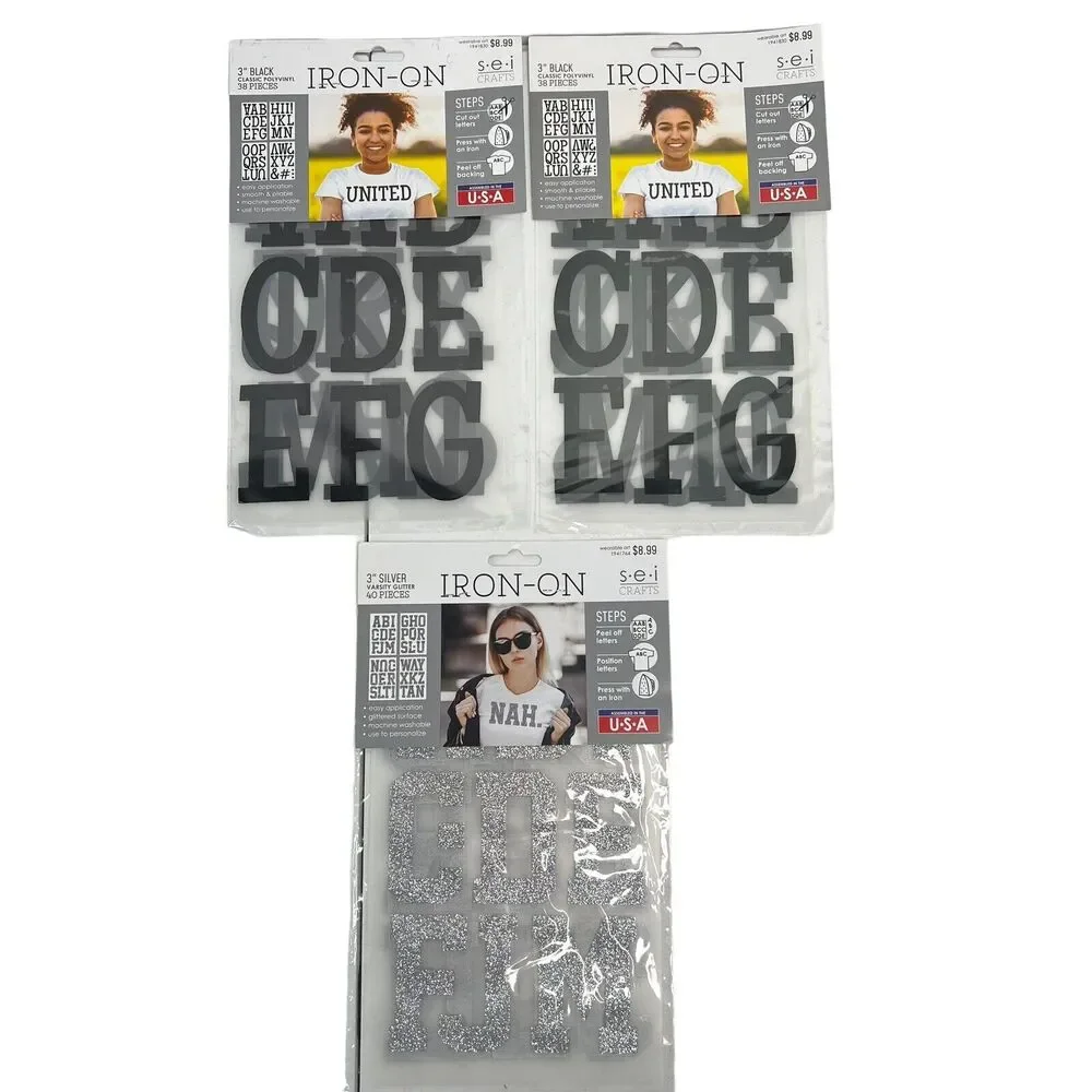 S.E.I. Iron-On Transfer‎ 3” Classic Letters Black Silver Lot Of 3 Packs NEW